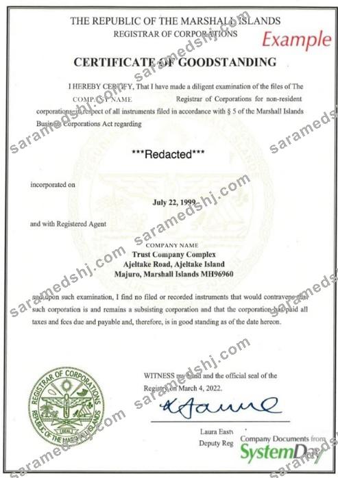 Marshal Islands Certificate of Good Standing